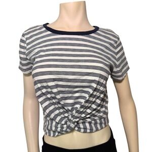 Forever 21 Womens Large Navy White Striped Twist Front Crop Top Tee Shirt L